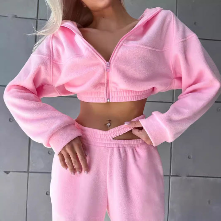 Damer avslappnad fleece-set med croppad hoodie och bekväma byxor Mirla-Eva Jonsson