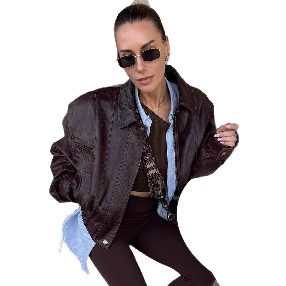Damer avslappnad konstläderjacka med oversized snitt och praktiska fickor Eva Jonsson-Eva Jonsson