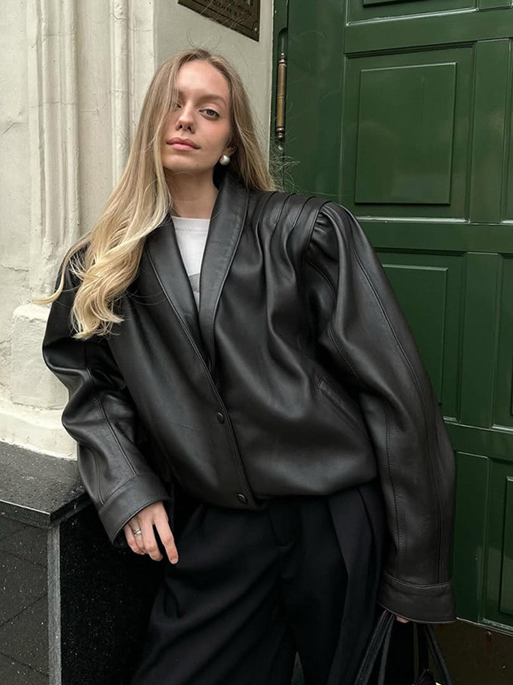 Damer avslappnad konstläderjacka med voluminösa ärmar Mirla-Eva Jonsson