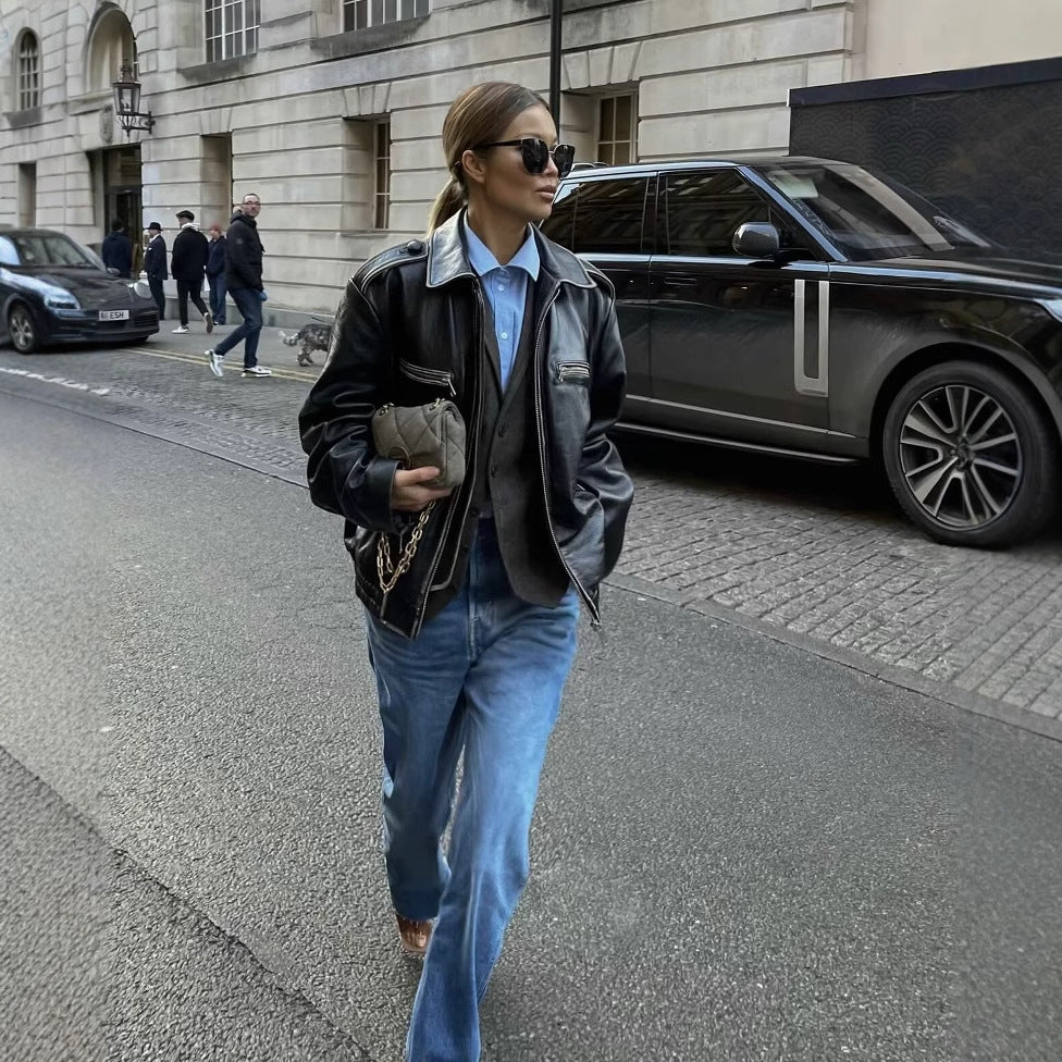 Damer avslappnad läderjacka med elastisk nederkant Mirla-Eva Jonsson