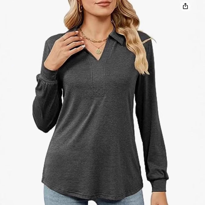 Damer avslappnad långärmad T-shirt med polo-krage Mirla-Eva Jonsson
