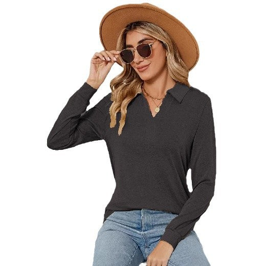 Damer avslappnad långärmad T-shirt med polo-krage Mirla-Eva Jonsson