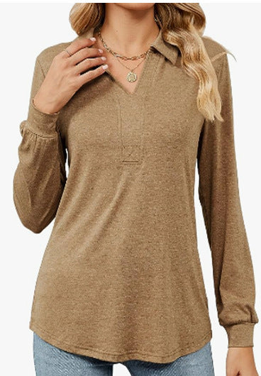 Damer avslappnad långärmad T-shirt med polo-krage Mirla-Eva Jonsson