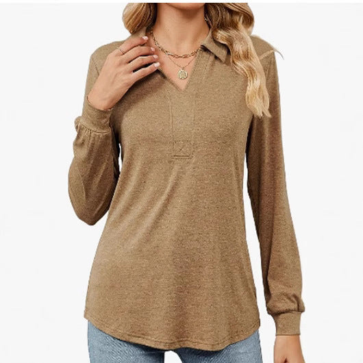 Damer avslappnad långärmad T-shirt med polo-krage Mirla-Eva Jonsson