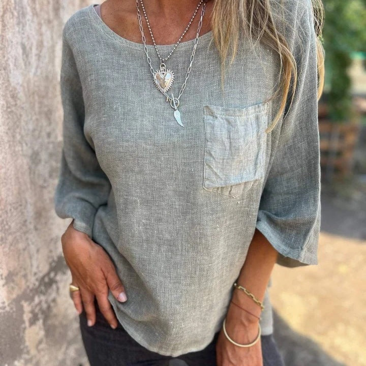 Damer avslappnad linne-topp med lös passform och bröstficka Eva Jonsson-Eva Jonsson