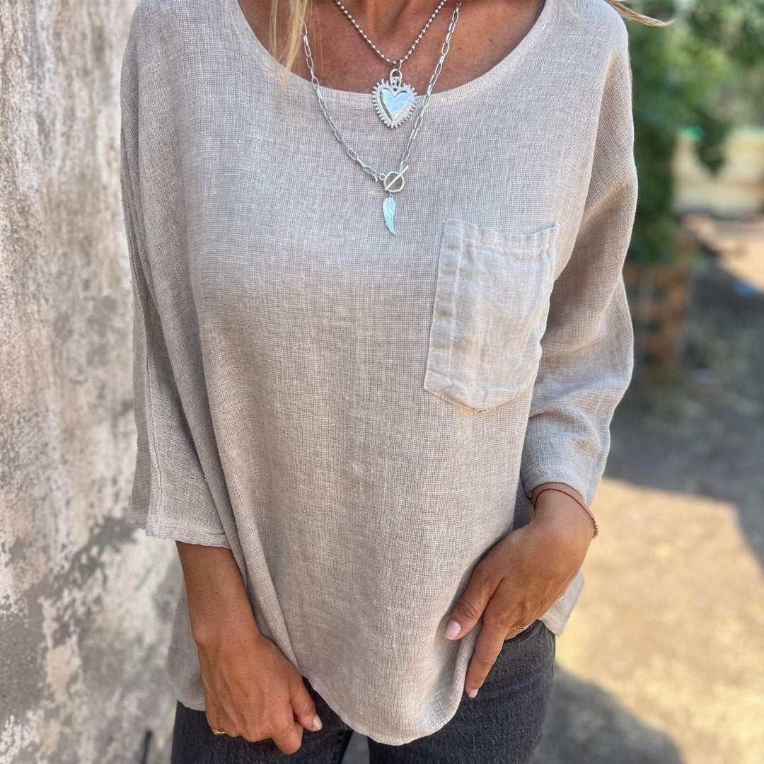 Damer avslappnad linne-topp med lös passform och bröstficka Eva Jonsson-Eva Jonsson