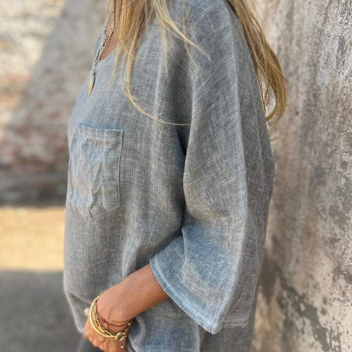 Damer avslappnad linne-topp med lös passform och bröstficka Eva Jonsson-Eva Jonsson