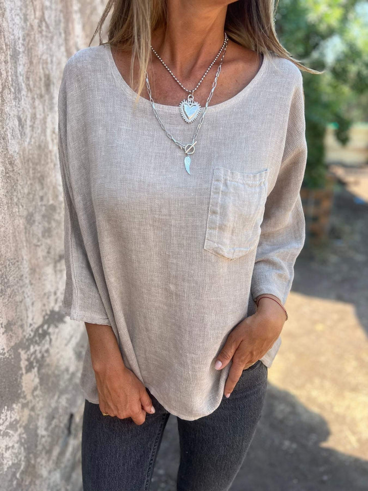 Damer avslappnad linne-topp med lös passform och bröstficka Eva Jonsson-Eva Jonsson