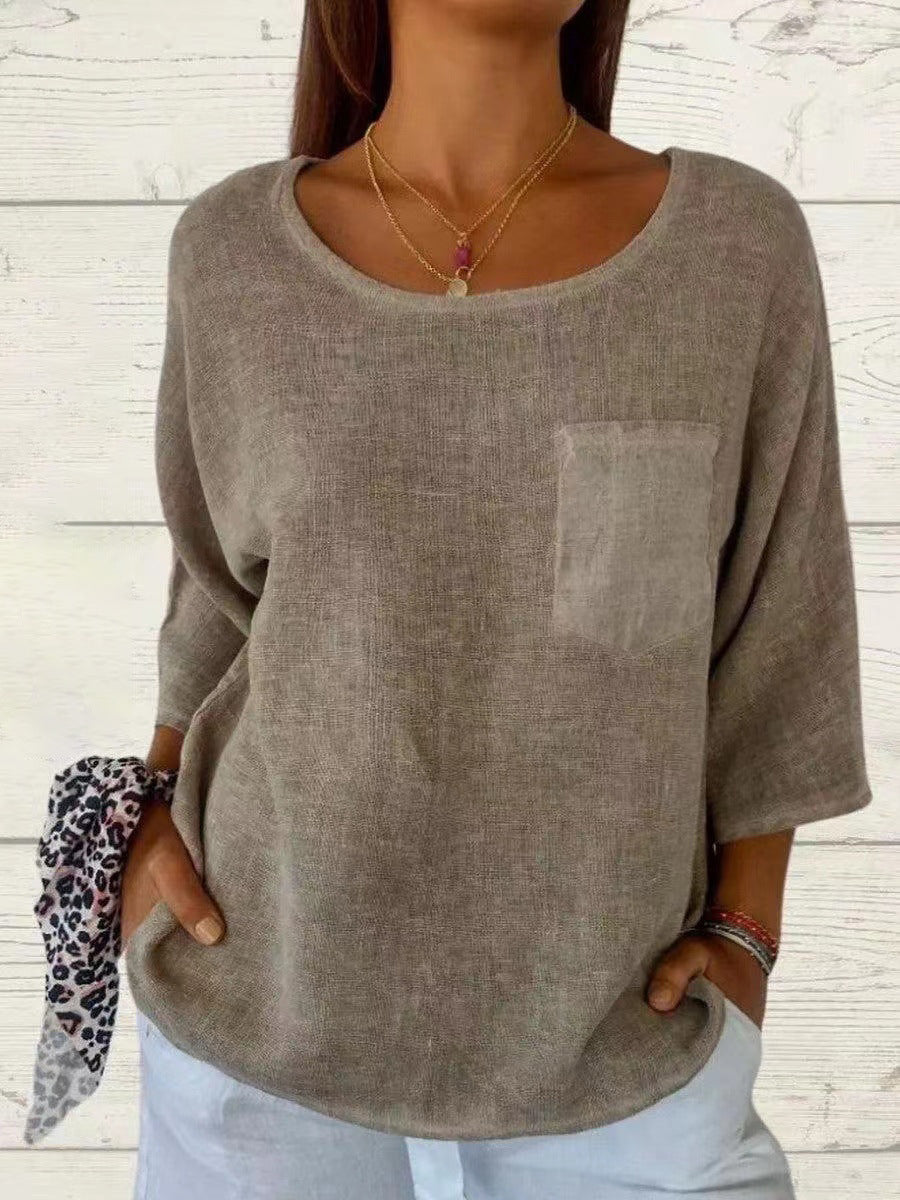 Damer avslappnad linne-topp med lös passform och bröstficka Eva Jonsson-Eva Jonsson