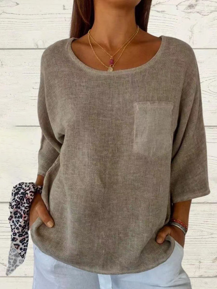 Damer avslappnad linne-topp med lös passform och bröstficka Eva Jonsson-Eva Jonsson