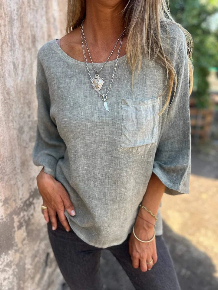 Damer avslappnad linne-topp med lös passform och bröstficka Eva Jonsson-Eva Jonsson