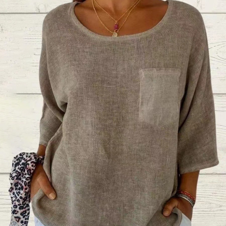 Damer avslappnad linne-topp med lös passform och bröstficka Eva Jonsson-Eva Jonsson