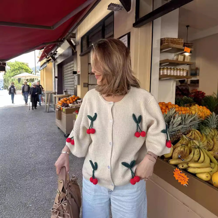 Damer avslappnad och randig stickad cardigan med söt körsbärsmönster Eva Jonsson-Eva Jonsson