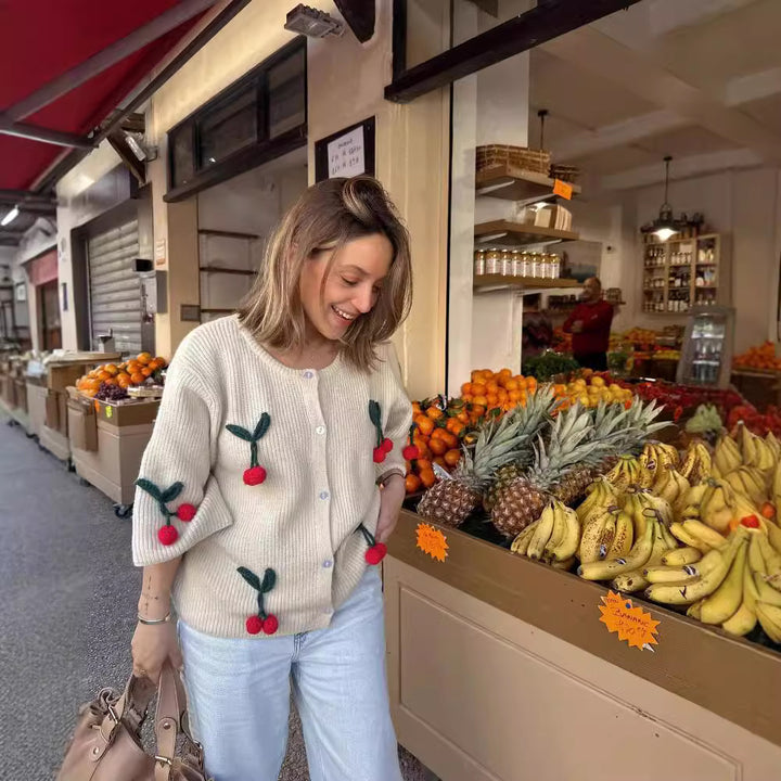 Damer avslappnad och randig stickad cardigan med söt körsbärsmönster Eva Jonsson-Eva Jonsson