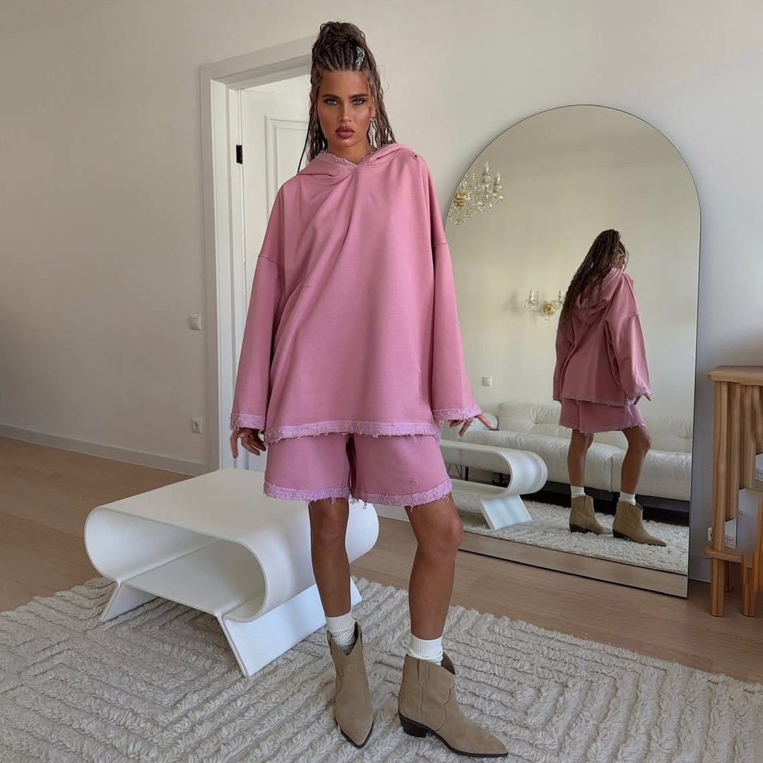 Damer avslappnad oversized hoodie-set med fransiga accenter Mirla-Eva Jonsson