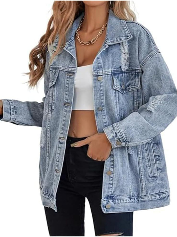 Damer avslappnad oversized jeansjacka med slitna detaljer och högkvalitativa metallknappar Eva Jonsson-Eva Jonsson