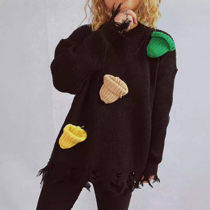 Damer avslappnad oversized tröja med fransiga detaljer och färgglada applikationer Eva Jonsson-Eva Jonsson