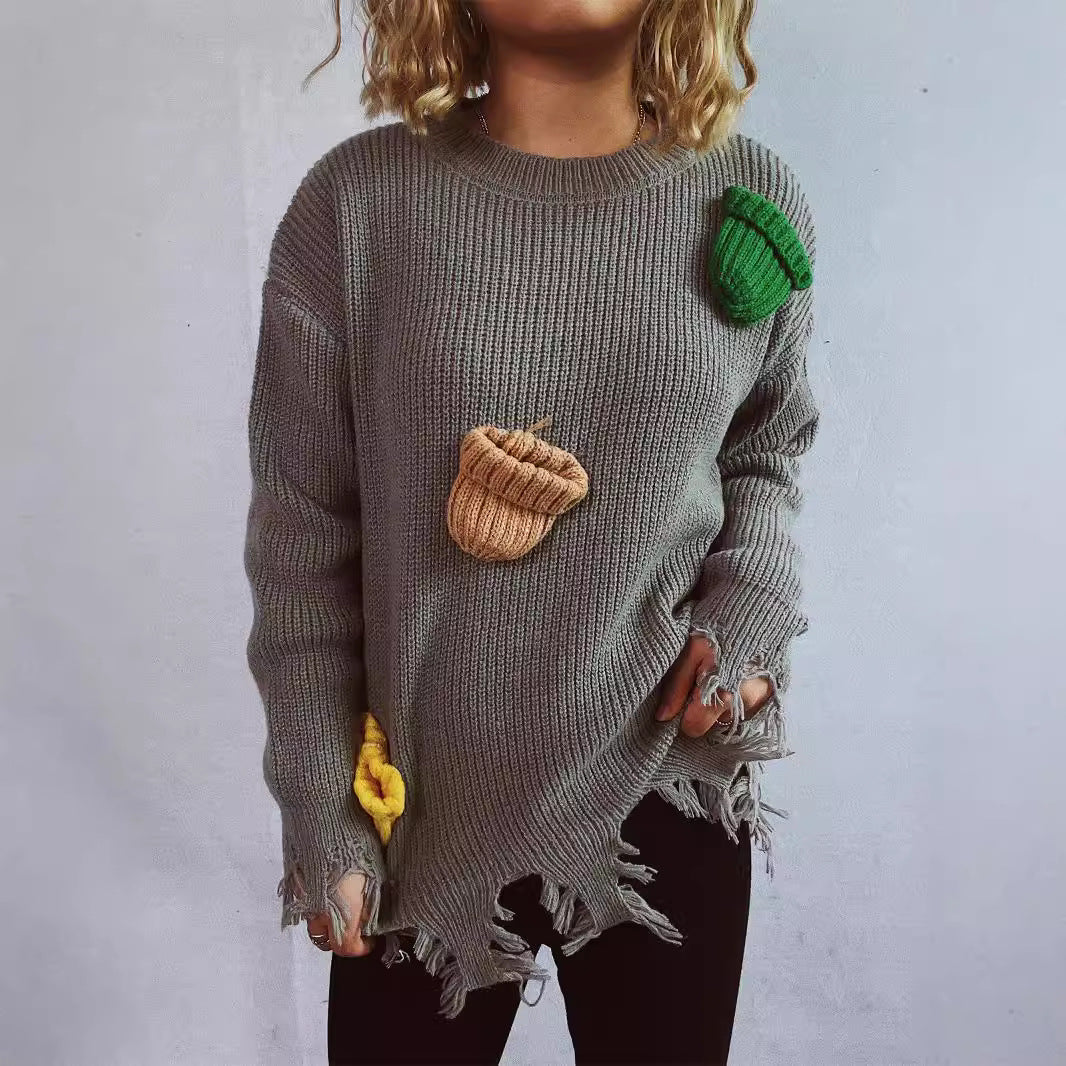 Damer avslappnad oversized tröja med fransiga detaljer och färgglada applikationer Eva Jonsson-Eva Jonsson