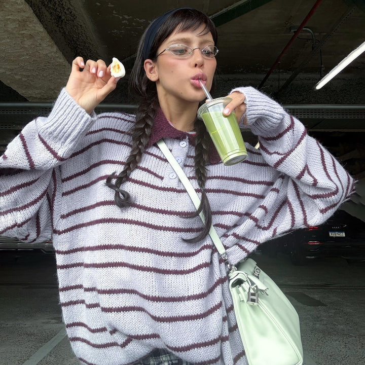 Damer avslappnad oversized tröja med sjalkrage och ränder Mirla-Eva Jonsson