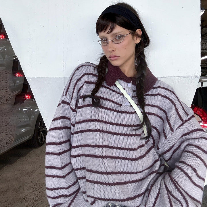 Damer avslappnad oversized tröja med sjalkrage och ränder Mirla-Eva Jonsson