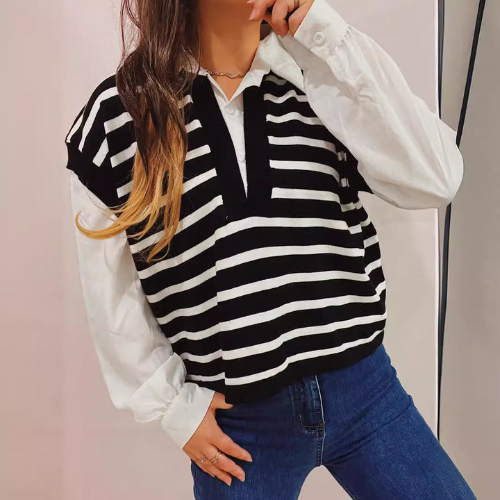 Damer avslappnad polo-tröja med randig design och lätta puffärmar Eva Jonsson-Eva Jonsson