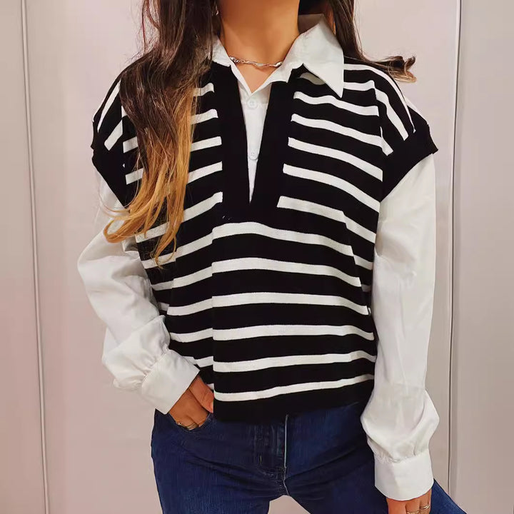 Damer avslappnad polo-tröja med randig design och lätta puffärmar Eva Jonsson-Eva Jonsson