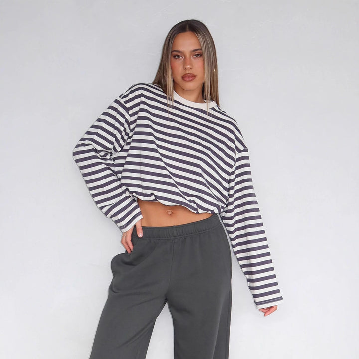 Damer avslappnad randig crop-pullover med snöre Mirla-Eva Jonsson