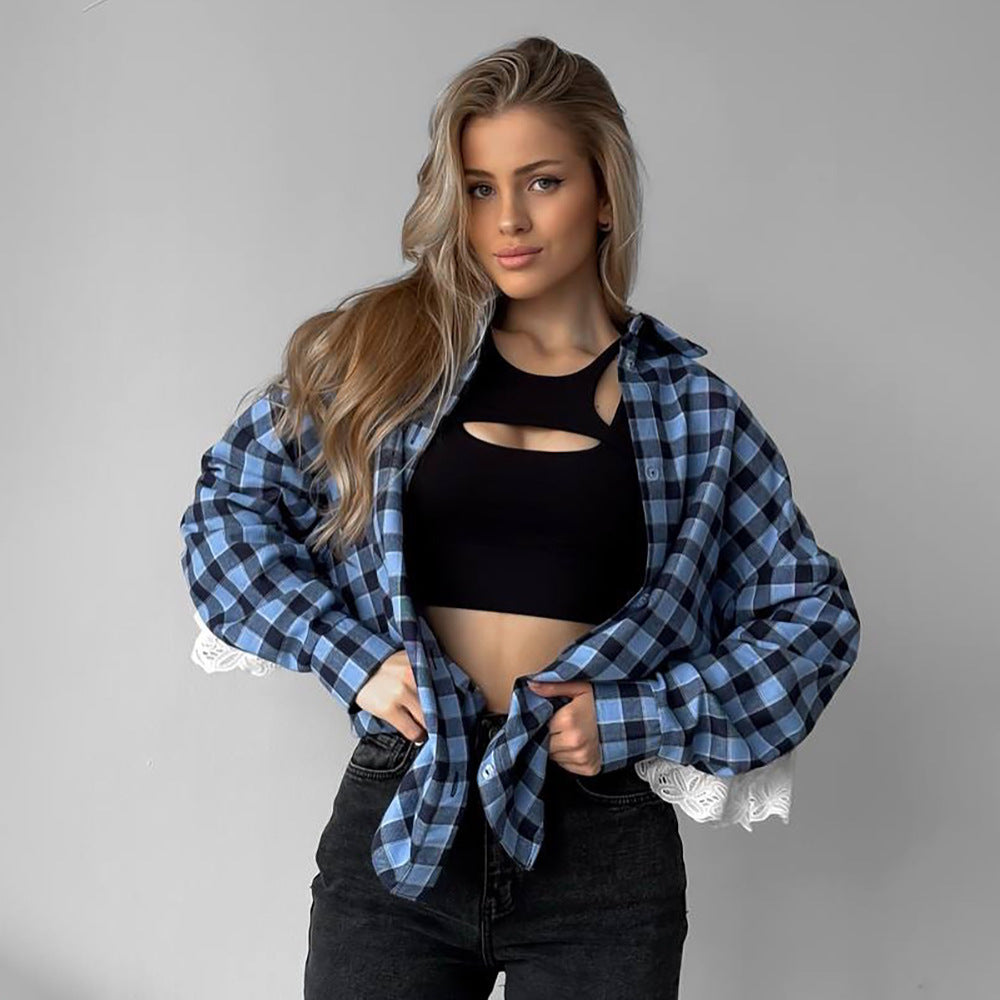 Damer avslappnad rutig skjorta med spetsdetalj Mirla-Eva Jonsson