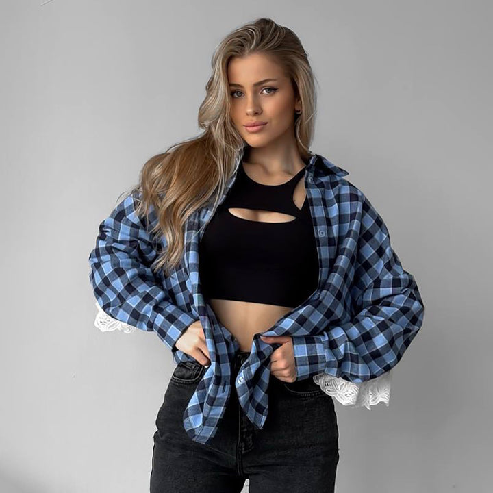 Damer avslappnad rutig skjorta med spetsdetalj Mirla-Eva Jonsson