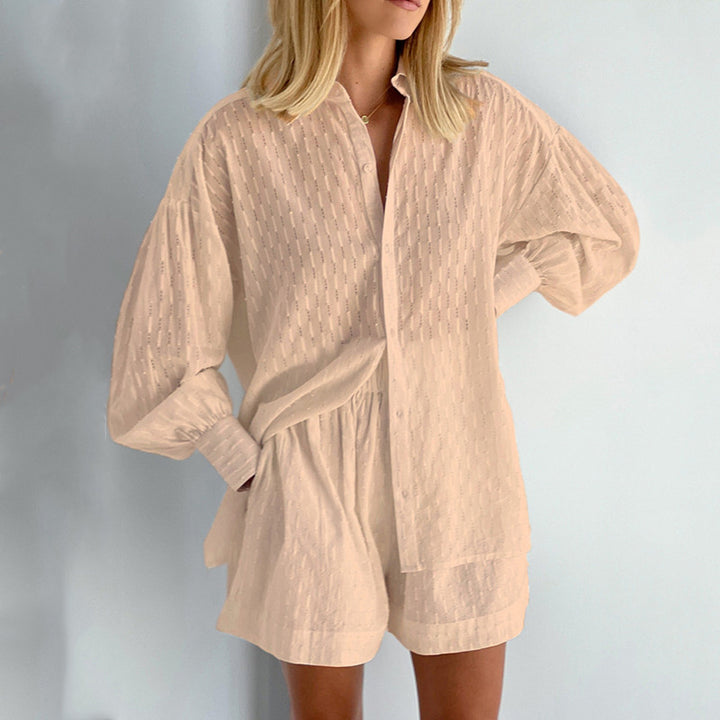 Damer avslappnad skjorta-shortset med elegant vävmönster Mirla-Eva Jonsson