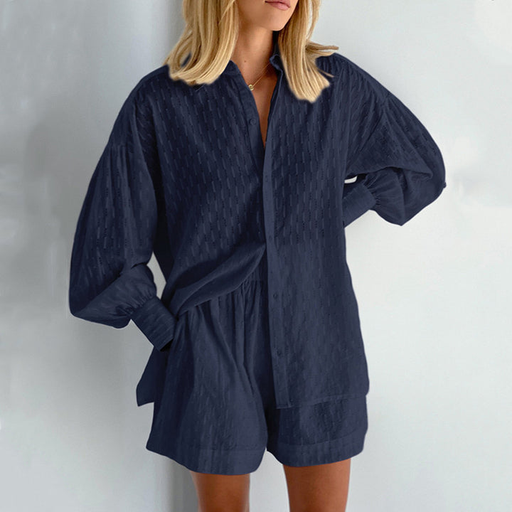 Damer avslappnad skjorta-shortset med elegant vävmönster Mirla-Eva Jonsson