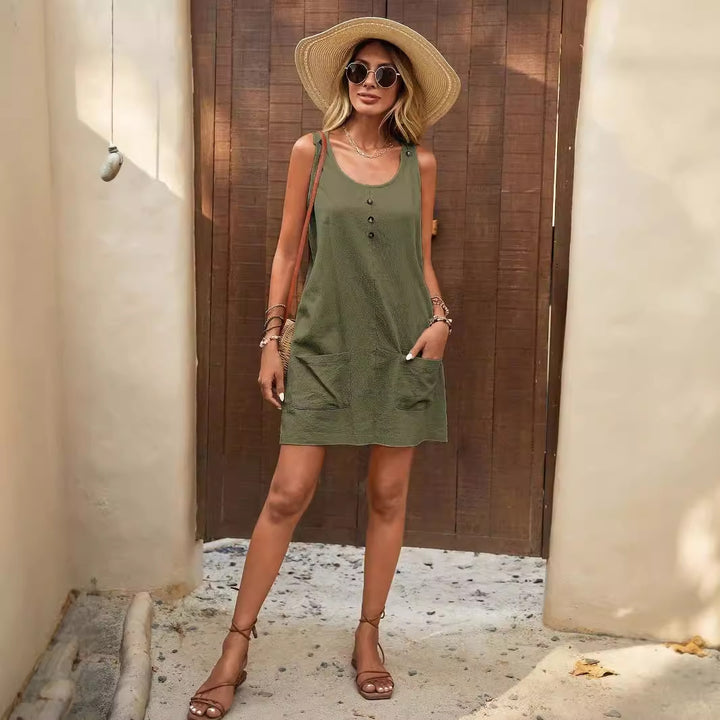 Damer avslappnad sommarklänning med praktisk knappslå-design och fickor Mirla-Eva Jonsson