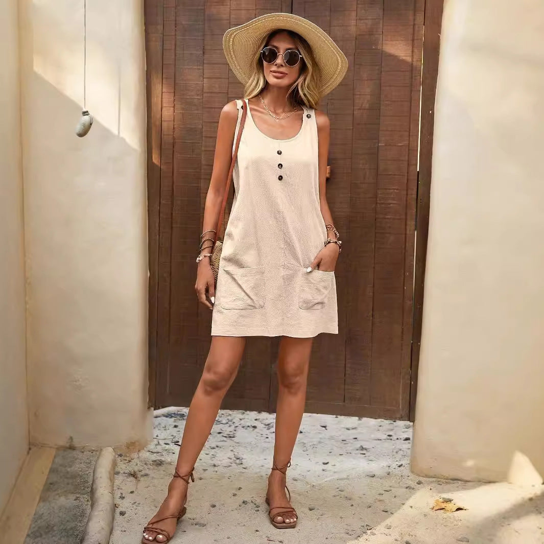 Damer avslappnad sommarklänning med praktisk knappslå-design och fickor Mirla-Eva Jonsson