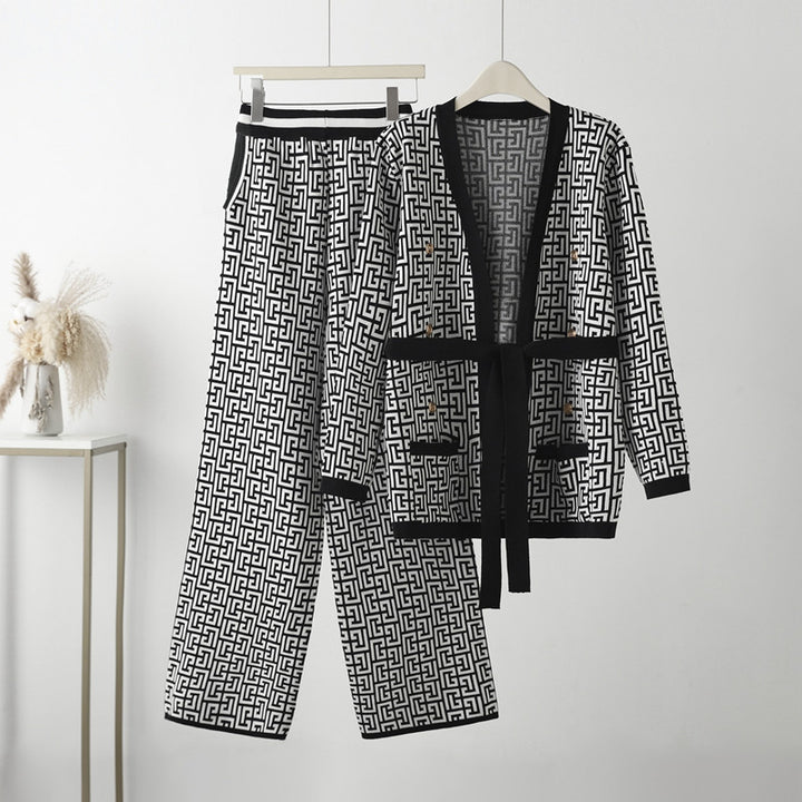 Damer avslappnad stickad loungewear-set med geometriskt mönster Mirla-Eva Jonsson