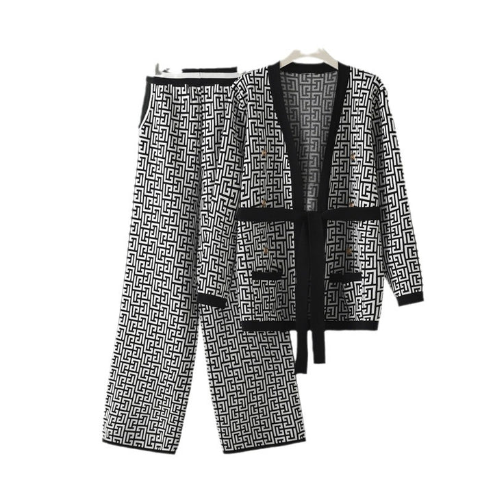 Damer avslappnad stickad loungewear-set med geometriskt mönster Mirla-Eva Jonsson