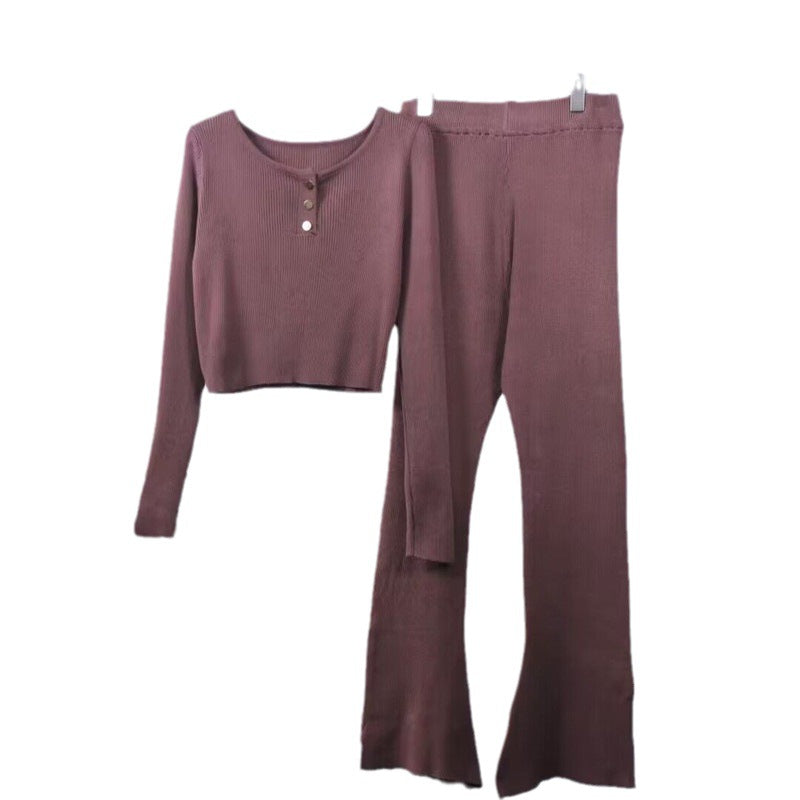 Damer avslappnad stickad loungewear-set med knappdetaljer och vida ben Mirla-Eva Jonsson
