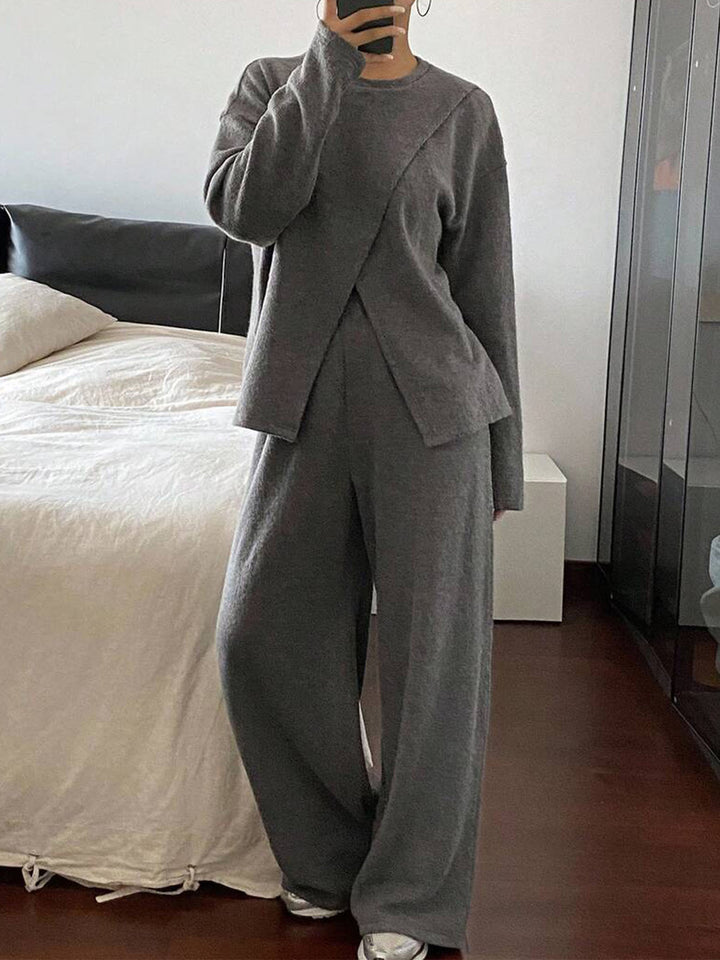 Damer avslappnad stickad loungwear-set med lös passform och asymmetrisk överdel Mirla-Eva Jonsson
