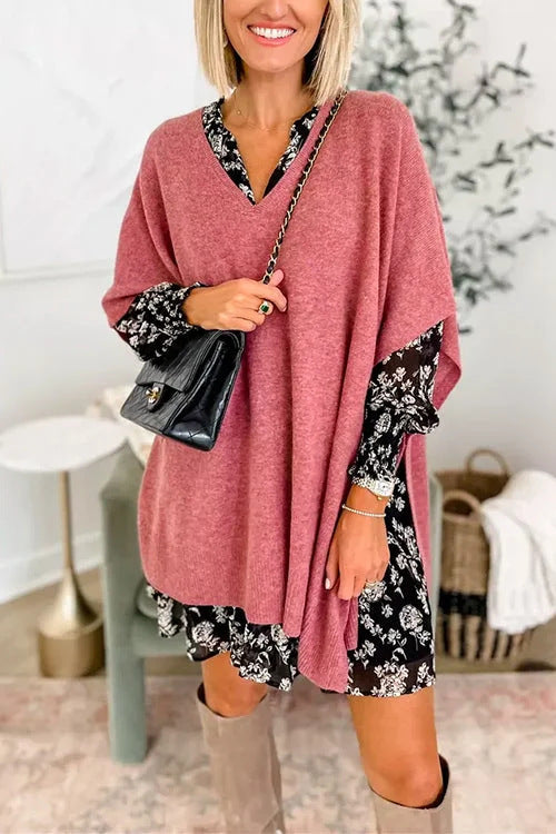 Damer avslappnad stickad poncho med V-hals och överlappande ärmar Eva Jonsson-Eva Jonsson