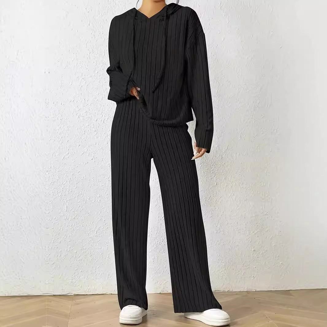 Damer avslappnad stickad set med mjuk hoodie och vida byxor Eva Jonsson-Eva Jonsson