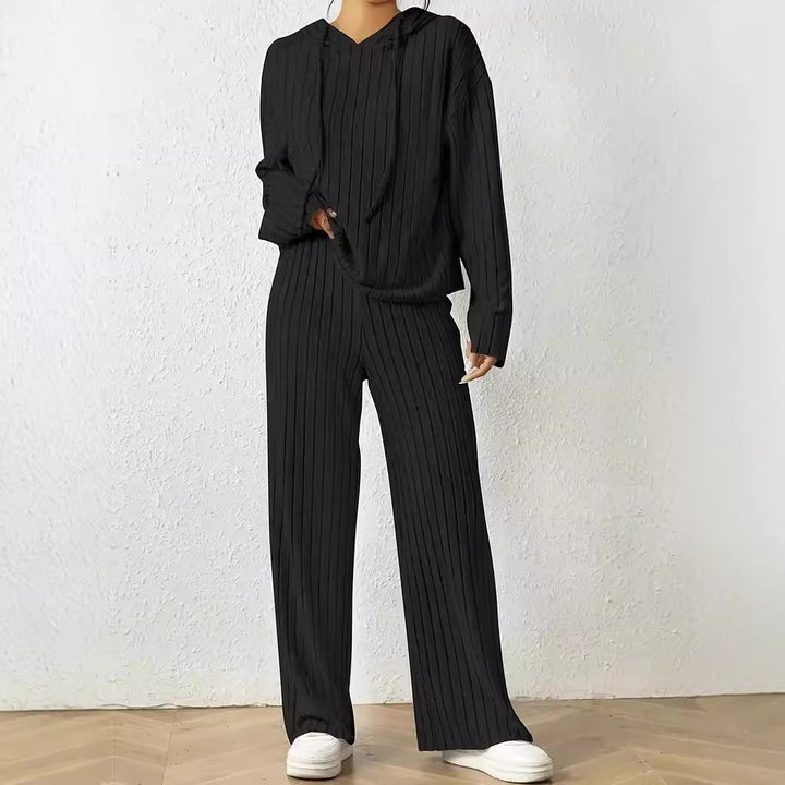 Damer avslappnad stickad set med mjuk hoodie och vida byxor Eva Jonsson-Eva Jonsson