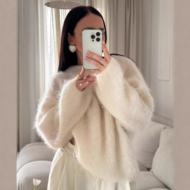 Damer avslappnad stickad tröja med voluminösa ärmar och högkvalitativ mohair-look Mirla-Eva Jonsson