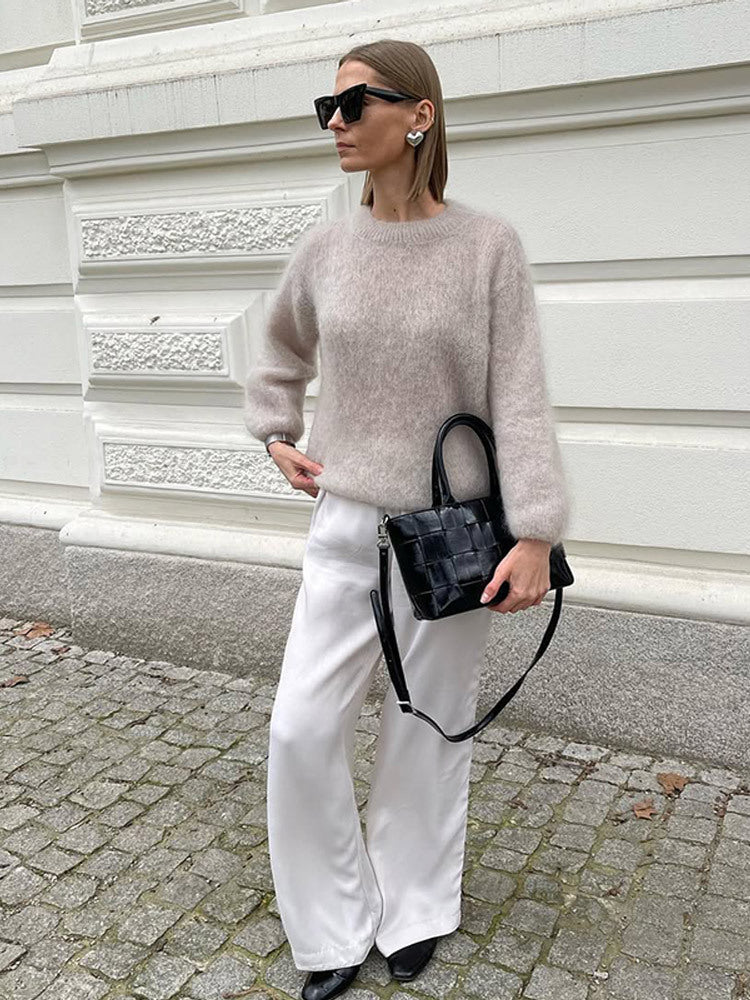 Damer avslappnad stickad tröja med voluminösa ärmar och högkvalitativ mohair-look Mirla-Eva Jonsson