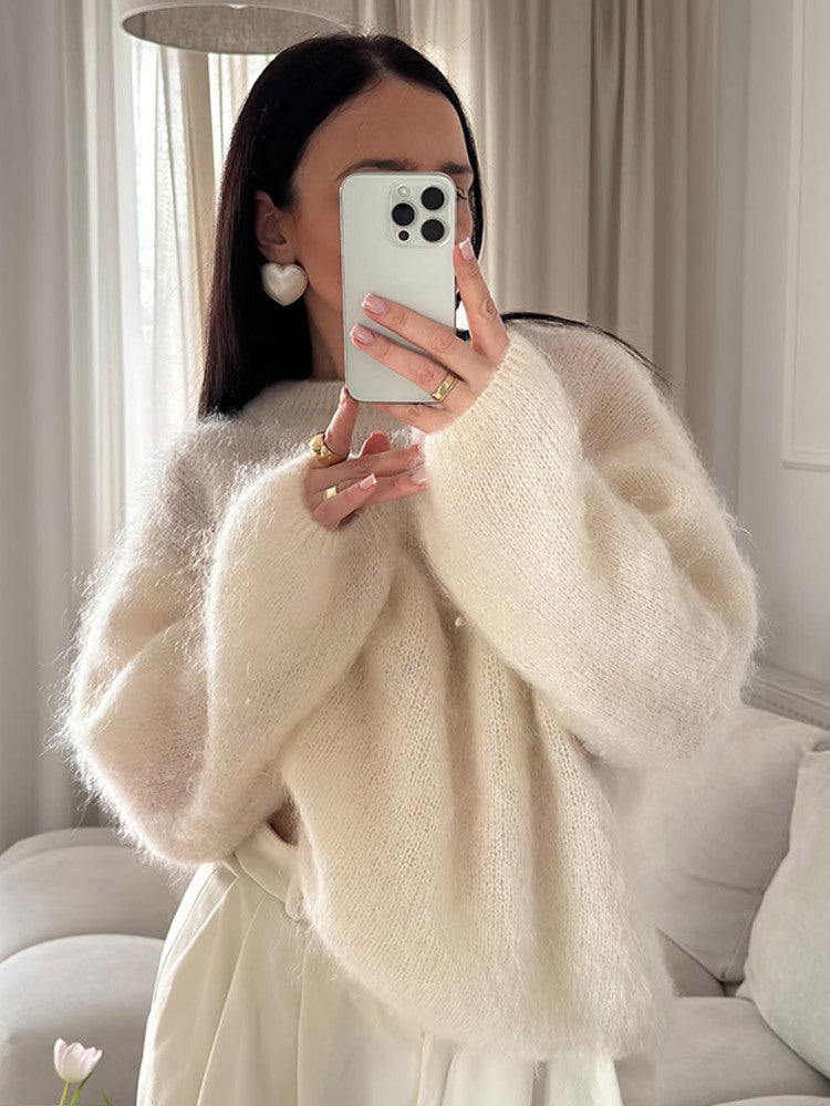 Damer avslappnad stickad tröja med voluminösa ärmar och högkvalitativ mohair-look Mirla-Eva Jonsson
