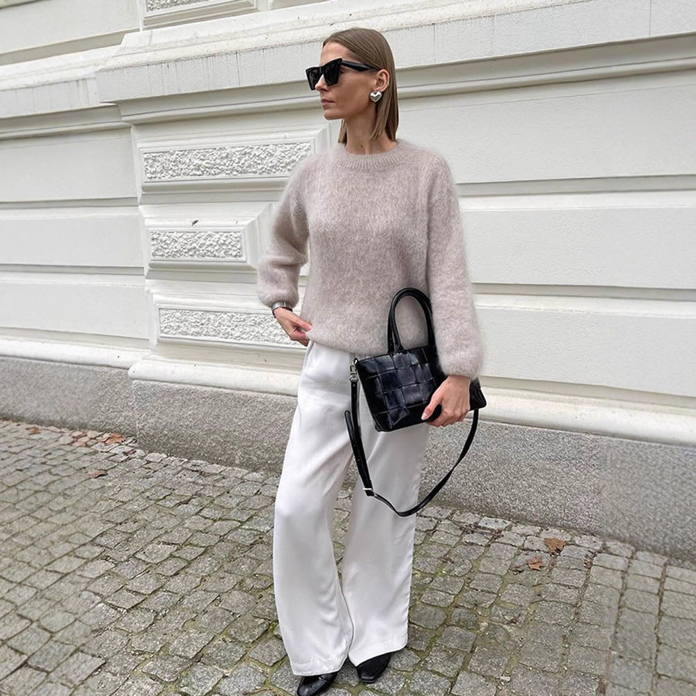 Damer avslappnad stickad tröja med voluminösa ärmar och högkvalitativ mohair-look Mirla-Eva Jonsson