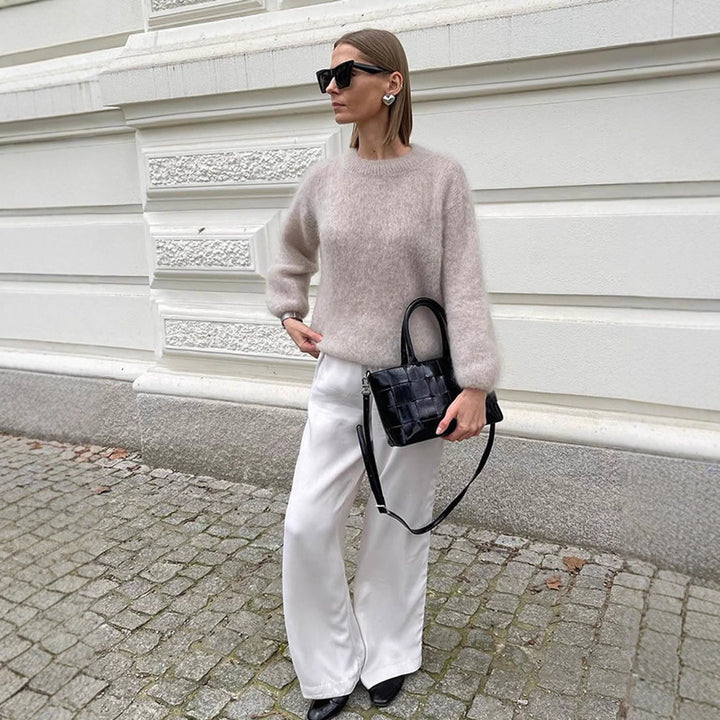 Damer avslappnad stickad tröja med voluminösa ärmar och högkvalitativ mohair-look Mirla-Eva Jonsson