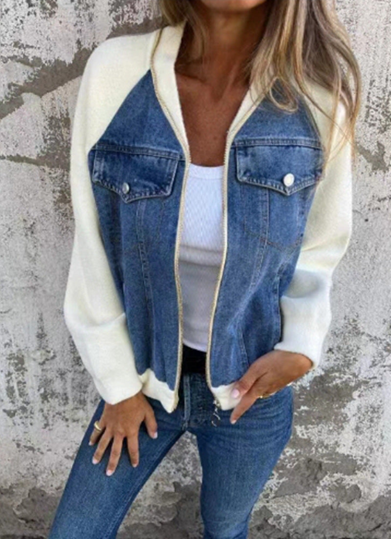 Damer avslappnad sweatshirtjacka med denimstil och fleeceärmar Eva Jonsson-Eva Jonsson
