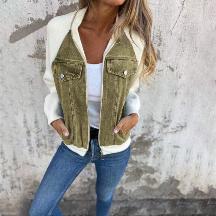 Damer avslappnad sweatshirtjacka med denimstil och fleeceärmar Eva Jonsson-Eva Jonsson