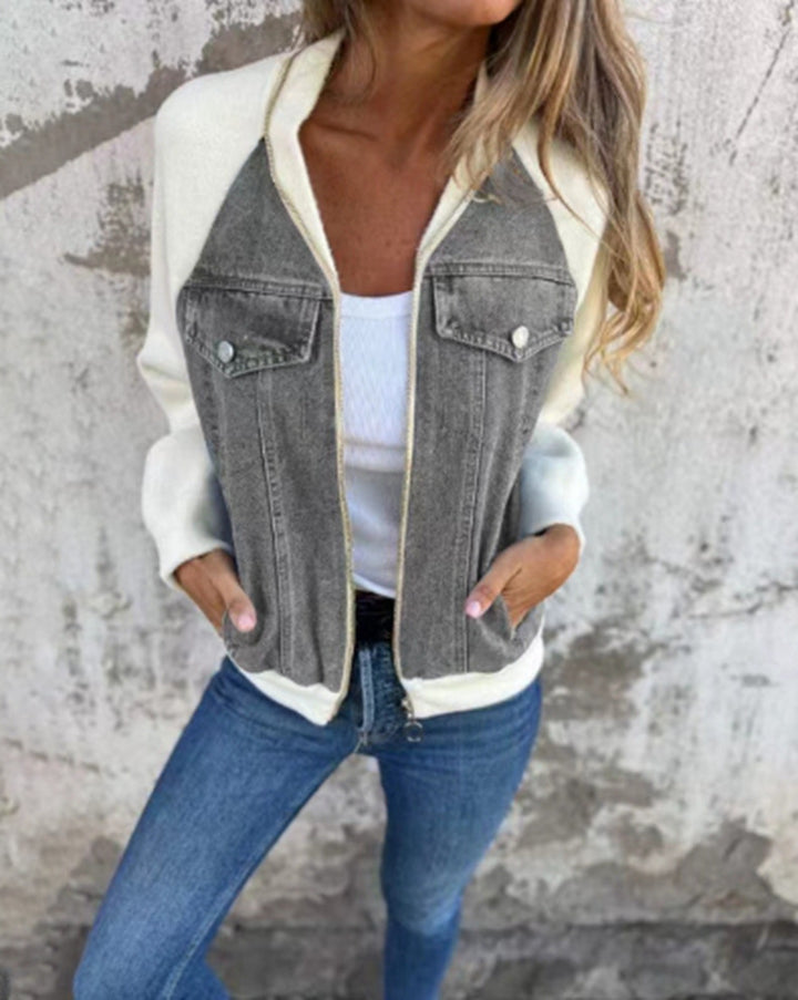 Damer avslappnad sweatshirtjacka med denimstil och fleeceärmar Eva Jonsson-Eva Jonsson