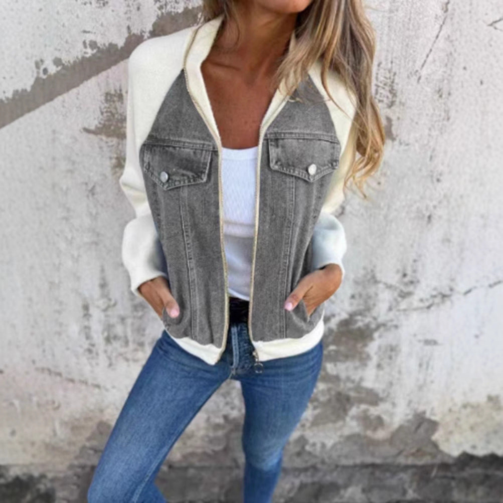 Damer avslappnad sweatshirtjacka med denimstil och fleeceärmar Eva Jonsson-Eva Jonsson