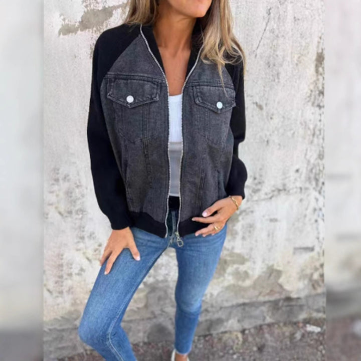 Damer avslappnad sweatshirtjacka med denimstil och fleeceärmar Eva Jonsson-Eva Jonsson